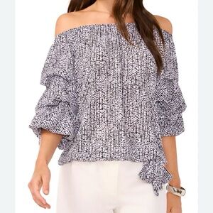Vince Camuto Off Shoulder Black White Bubble Hem Top Ruched Sleeves Medium